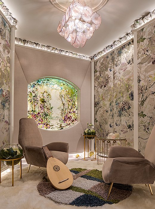 Jacqueline Hosford-Spring upholstered walls in a palette of pastels and created a window where there wasn’t one using glass emblazoned with an impressionistic motif. Photo by Marco Ricca.
