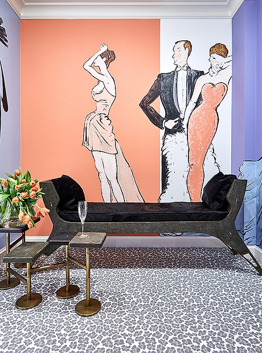 A dressing room by Rio Hamilton is as much a lesson in glamour as in color. Walls striped with lavender, peach, and cream are punctuated by portraits of dandies and debs dressed in white tie. Combine this with leopard-print carpet and you’ve got the kind of lively space that’s almost too difficult to leave. 
