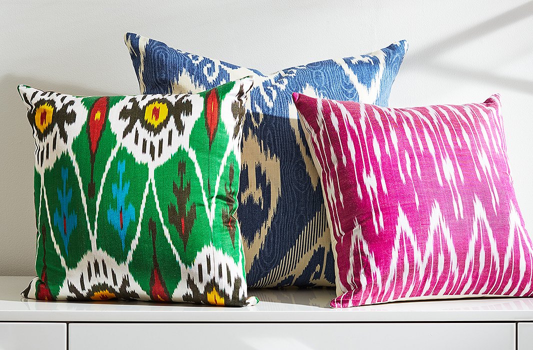 Ikat textiles come in a wide array of colors and designs, as shown by this lively trio.
