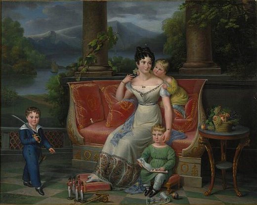 An Elegant Lady with Three Children on a Neoclassical Settee, on a Balcony, a 19th-century painting by Jenny Berger-Désoras.
