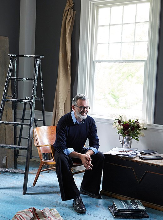 Frank at Kenmore Hall. This room’s drapery is being fashioned from chino, lending a touch of the menswear flair for which Frank is known.

