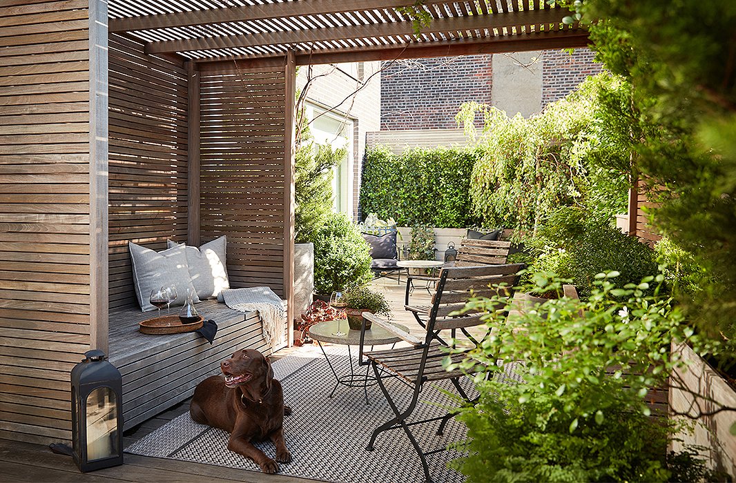 Brutus lounges on the terrace, which is divided into zones for entertaining as well as for more-private moments. “It was a combined vision between myself and some friends [Kathryn Kekona and Ty Tan] who helped me select plants and position everything,” says Kim.
