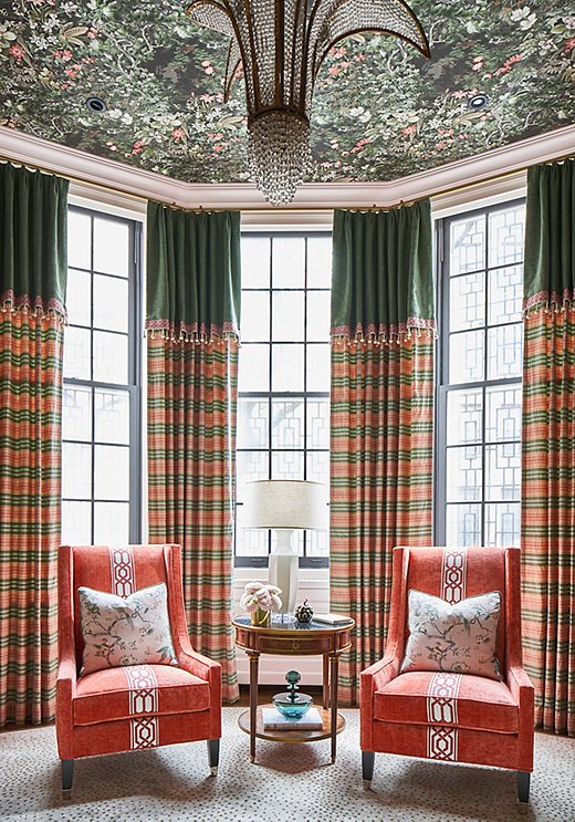 Corey decorated the library for the 2019 Kips Bay Decorator Show House in New York. A Valentino gown inspired the curtains.
