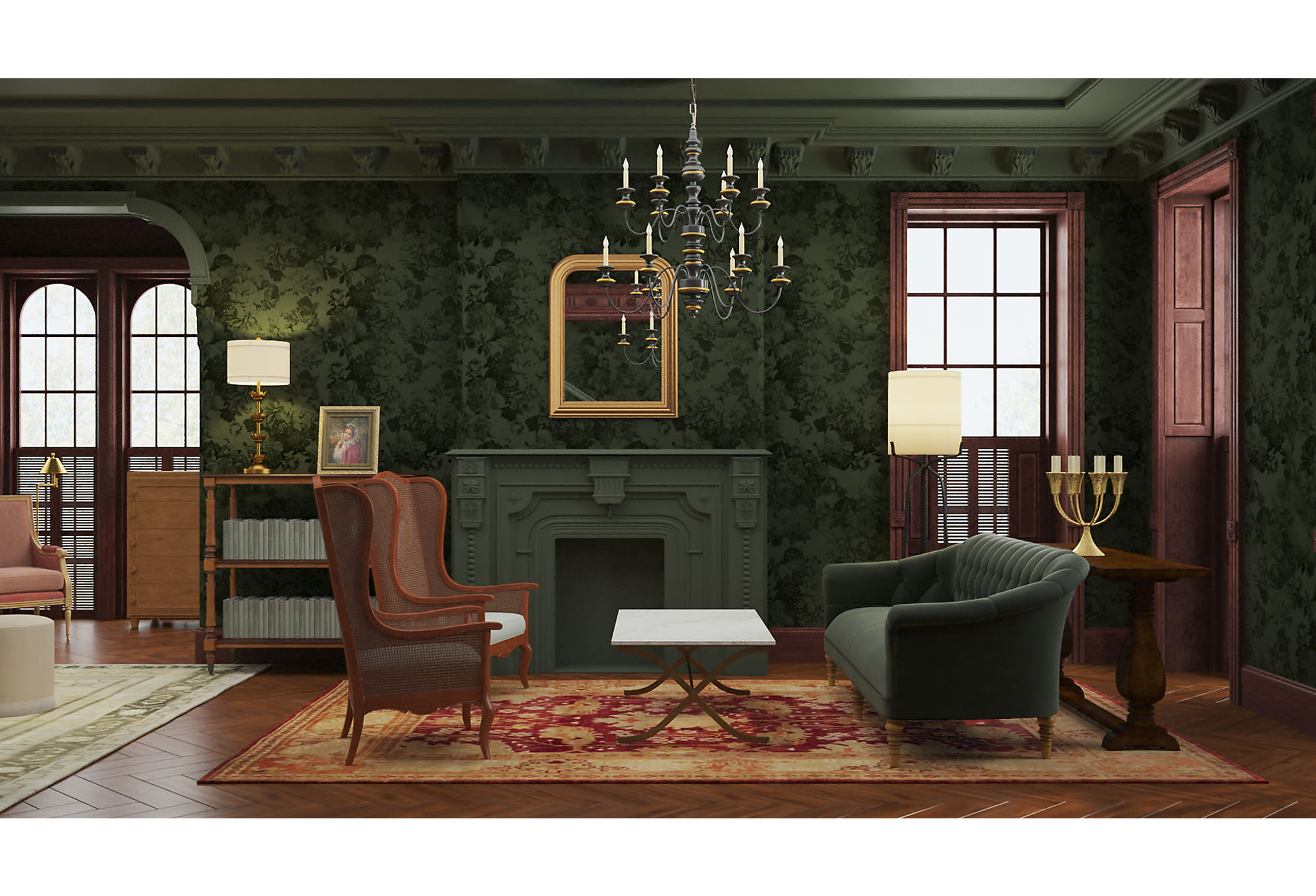 The main sitting area is wrapped in a moody green with crisp accents.
