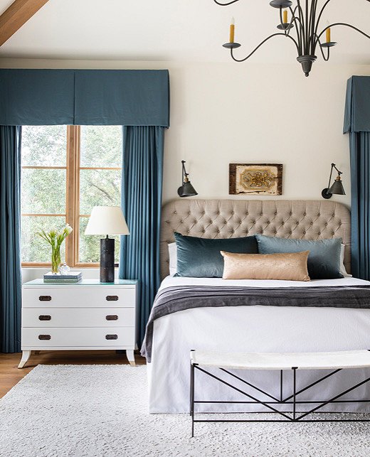 Moodier tones abound in the master bedroom. Sapphire hews to Marie’s plan for jewel tones but does so with restraint.
