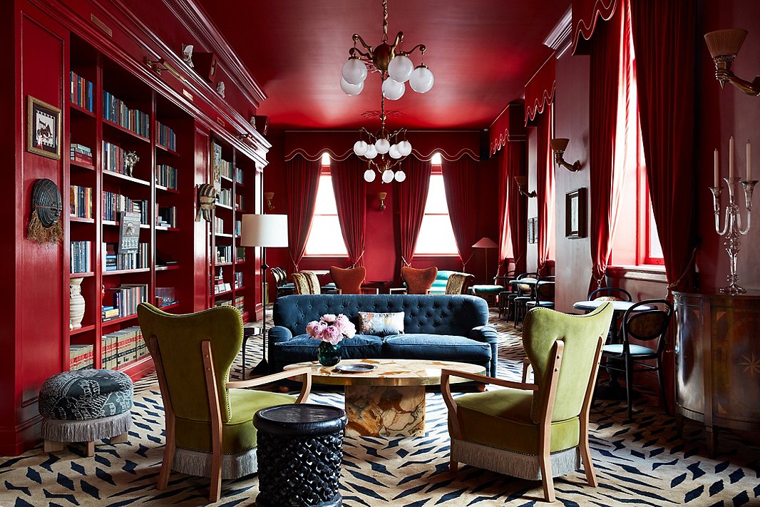 With its red lacquered walls, custom tiger-print carpeting (by Christopher Farr Rugs in collaboration with Studio Shamshiri), and fringed furniture, the hotel’s Bar Marilou is unrecognizable from the law library it had been.
