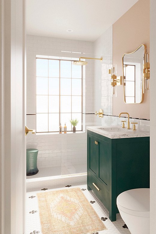 Brass fixtures throughout the space add a sense of warmth.
