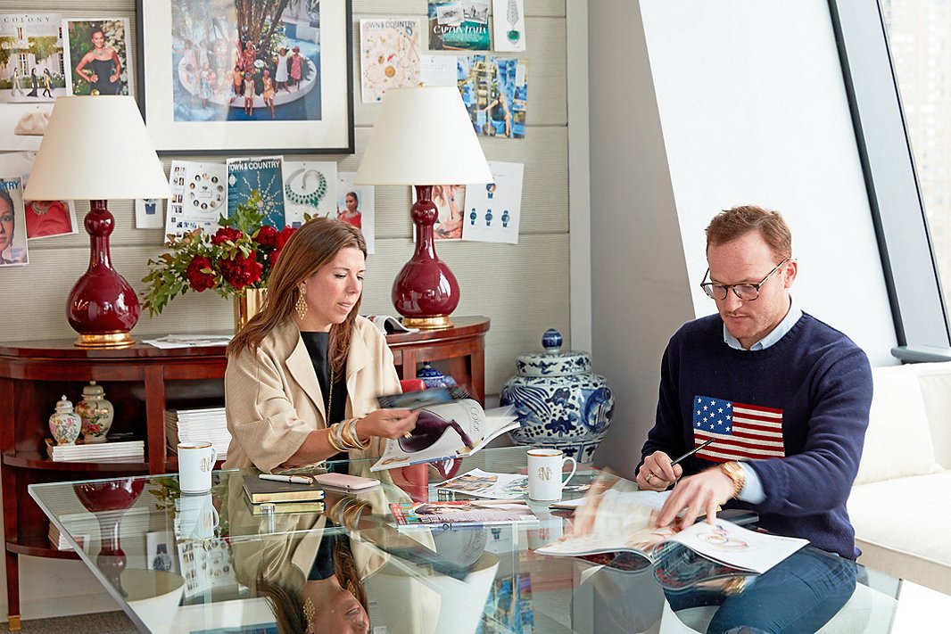 Stellene works with fashion and accessories director Will Kahn in the conference room, whose new look has earned it a cheeky nickname. “When we want to designate that we’re meeting in there, we say, ‘Let’s meet in the Pretty Room,’” Stellene says.
