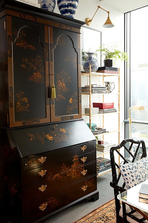 With its gorgeous chinoiserie imagery and glossy black background, it’s no surprise the Magdalene Secretary from Ralph Lauren Home is a favorite moment of Stellene’s. “It’s the most beautiful desk you can imagine,” she says.
