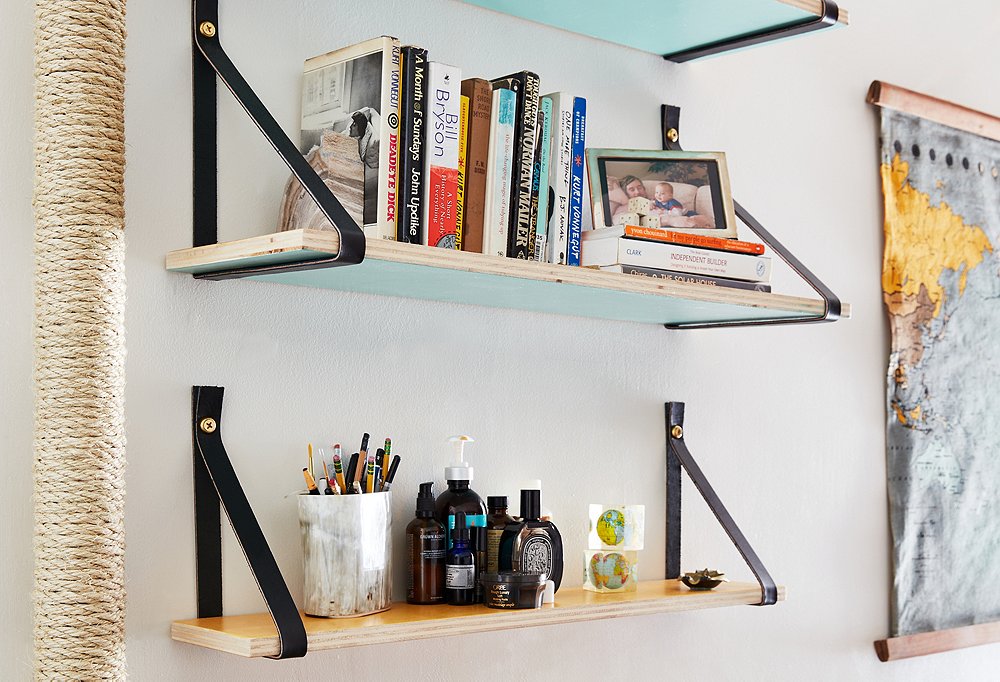 How To Create Diy Wood And Leather Shelves - How To Hang Shelves On A Cement Wall Without Drilling