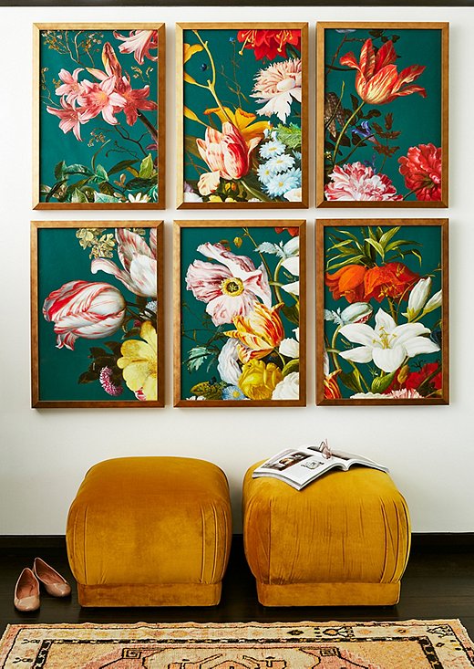 Large-scale paintings in fabulous colors, like these from Lillian August, brighten up an entryway. Benton Ottomans in Mustard Yellow ground the scene in a warmer color scheme.
 
