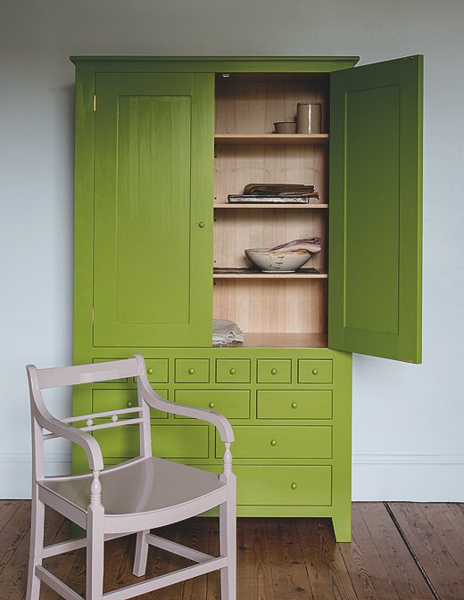 This vignette features three of Plain English’s new colors: the cupboard is painted in Moygashel, the wall in Cotton Pinny, and the chair in Mouldy Plum.
