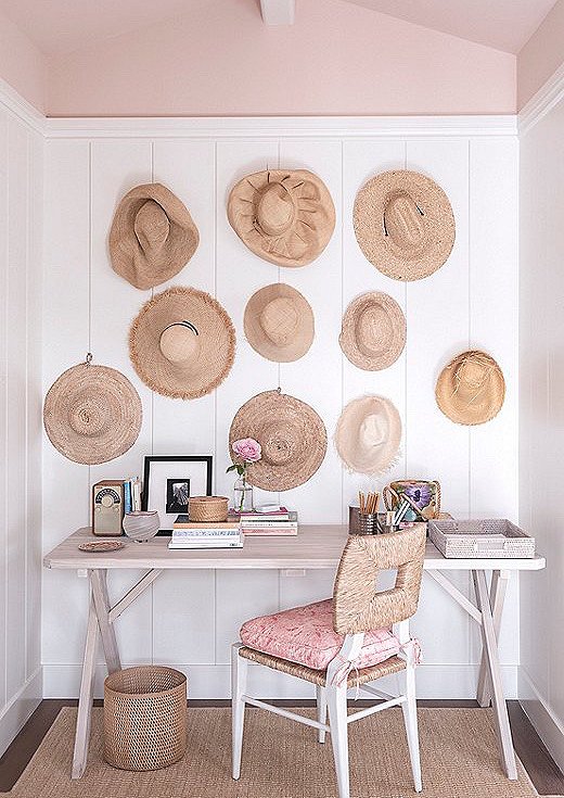 Marea hung a collection of hats on the wall in one of the guest rooms, dubbed the Pink Room. “It turned out to be this beautiful installation that adds texture,” says Marea.
