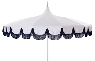 One Kings Lane Outdoor Aya Pagoda Fringe Patio Umbrella White Navy One Kings Lane