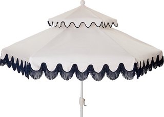 One Kings Lane Outdoor Daiana Two Tier Fringe Patio Umbrella White Navy One Kings Lane