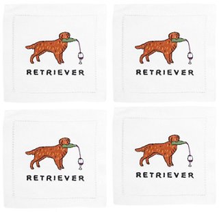 S/4 Golden Retriever Cocktail Napkins, White