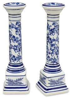 S/2 Floral Candlestick, Blue/White