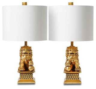 Mini Foo Dog Table Lamp Set, Gold Leaf
