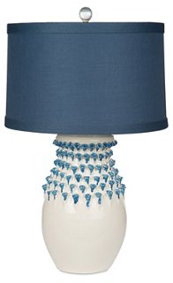 Urchin Jar Table Lamp - White base with blue glass accents and navy linen shade.