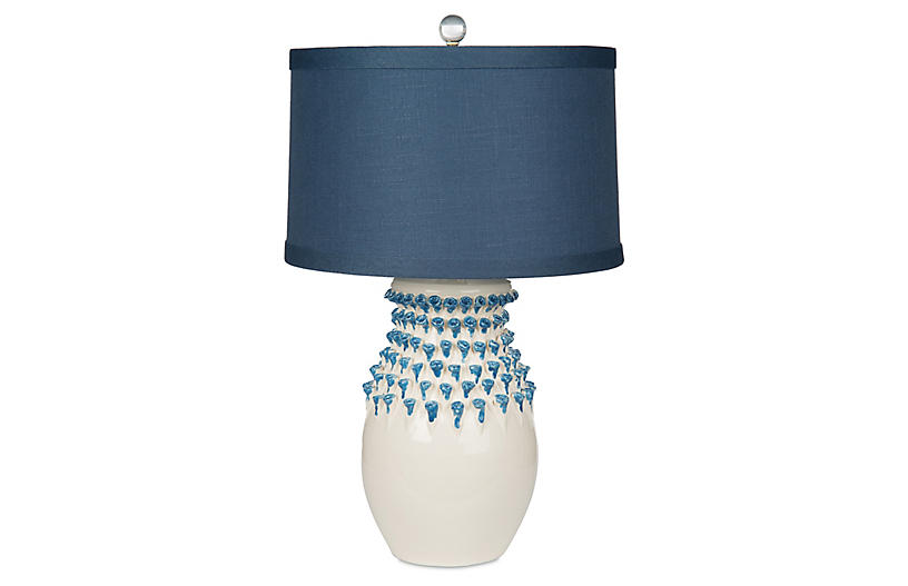 Urchin Jar Table Lamp - White base with blue glass accents and navy linen shade.