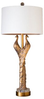 Gold Hera table lamp with peacocks as the base.