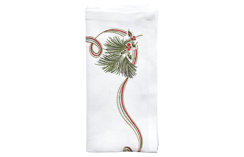 Set of 4 Pine Sprig Dinner Napkin - White - Kim Seybert