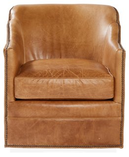 Massoud - Hughes Swivel Chair, Camel Leather | One Kings Lane