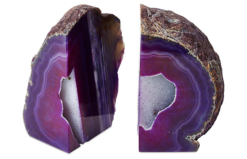 Set of 2 Large Geode Bookends - Purple