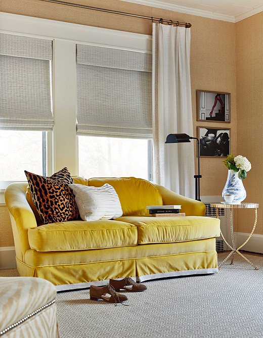Virginia bought this sofa on Craigslist, then had it recovered. When her upholsterer saw the vivid yellow fabric Virginia selected, he jokingly called the piece a “Willy Wonka sofa.”
