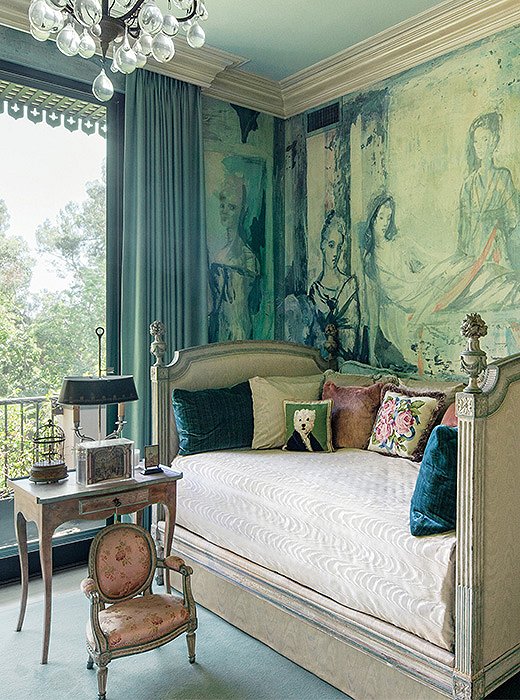 Wall coverings in Ruth’s sitting room were made from enlarged photographs of paintings by Elizabeth. 
