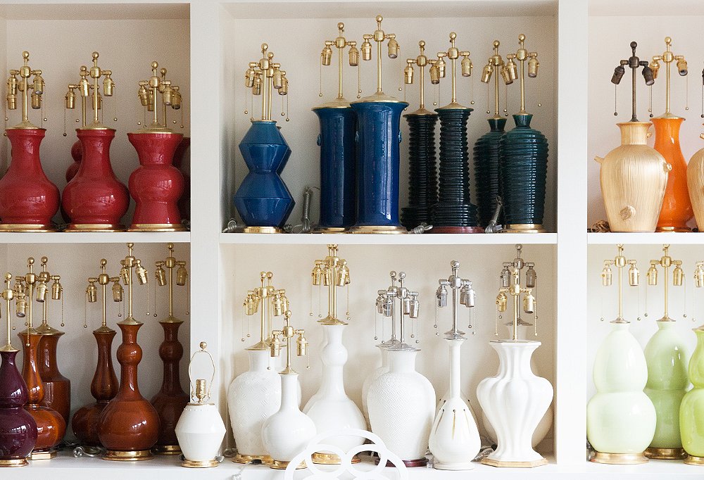 Shelves of finished lamps at Spitzmiller’s showroom ready to delight a client.
