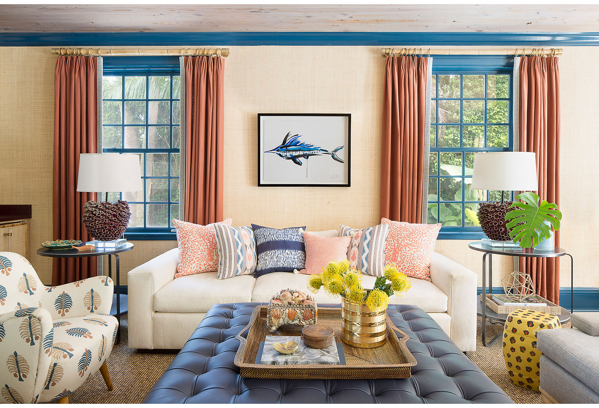 Celerie’s use of color and pattern gives this room a fresh take on coastal living. Photo by Carmel Brantley. Design by Kemble Interiors, Inc.
