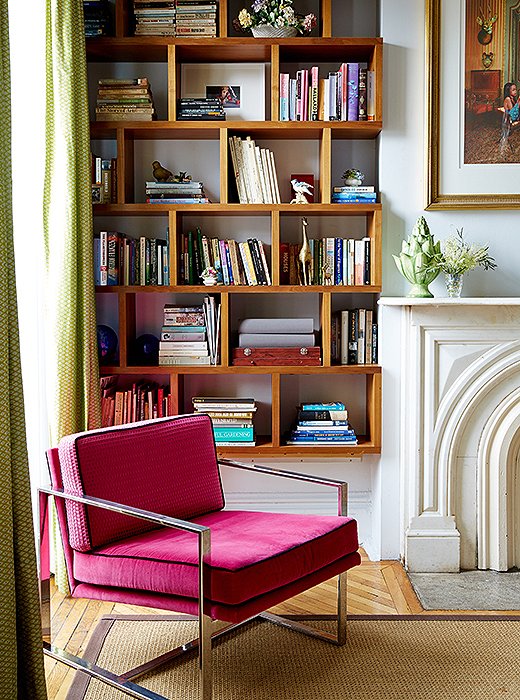 A set of ’70s Milo Baughman armchairs lend extra seating. “I am a child of the disco era,” says Fawn. “And I really love pink and green even though it’s a traditionally preppy color pairing.”
