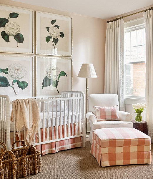 Lauren bolted oversize floral prints to the wall above the crib to make a statement with traditional flair.
