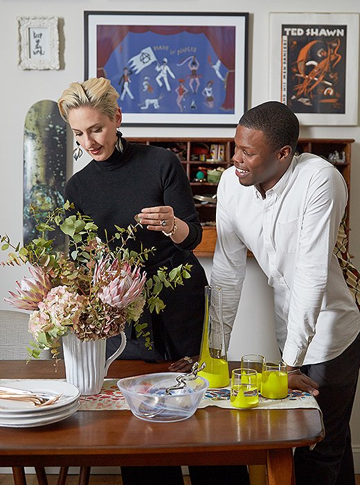 The framed piece behind the couple, by artists Francesco and Alba Clemente, depicts Marlon and his dance company performing for the Prince of Monaco. The mounted skateboard decks were designed by one of Lisa’s favorite artists, Marilyn Minter, for Supreme.
