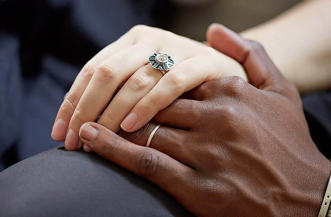 Marlon designed Lisa’s Art Deco-inspired engagement ring, which features hand-cut emeralds and onyx stones around an antique diamond.
