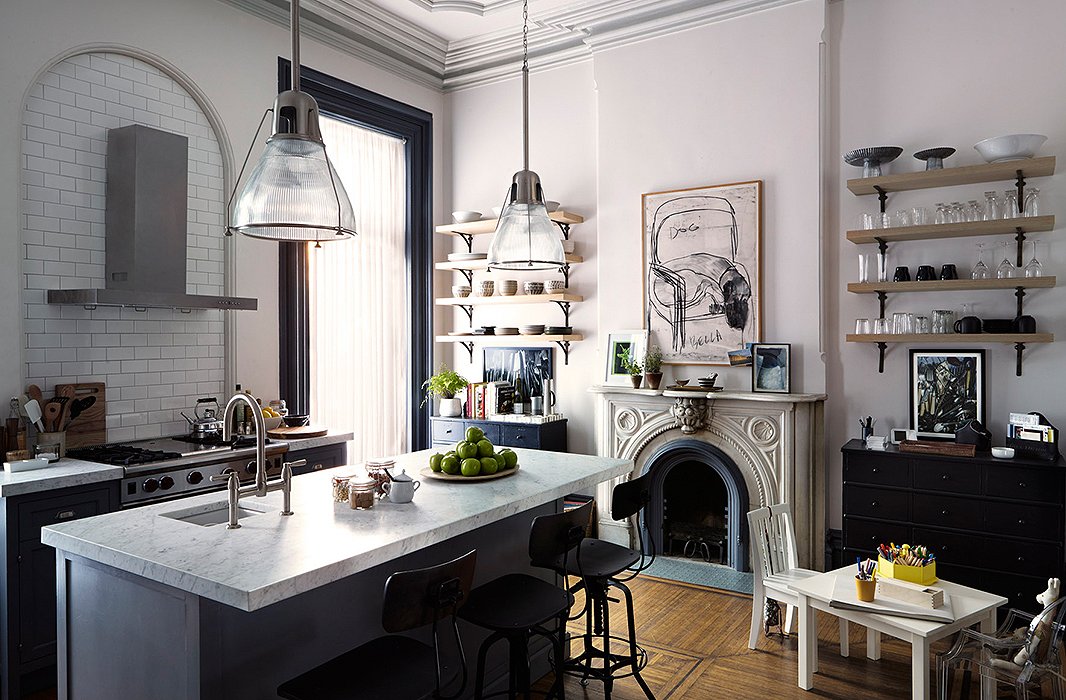 We’re in love with the kitchen designed for Anne Hathaway’s character, Jules. The moldings of the actual Brooklyn brownstone that served as the set for the movie were already painted a soft gray.
