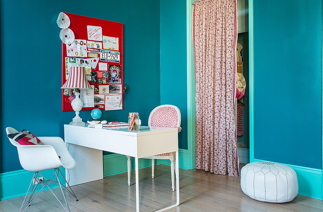 The color of Kiki’s bedroom was inspired by a visit to Frida Kahlo’s Casa Azul in Mexico City. “This much color would have been a major commitment in the rest of the house, but it was a low-level risk to experiment in my daughter’s room. And she approves.”
