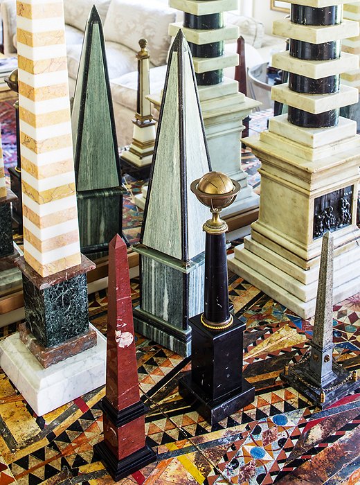 A collection of obelisks are actually what’s known as grand tour objects—17th- through 19th-century souvenirs traditionally brought back by young English, American, and German aristocrats.
