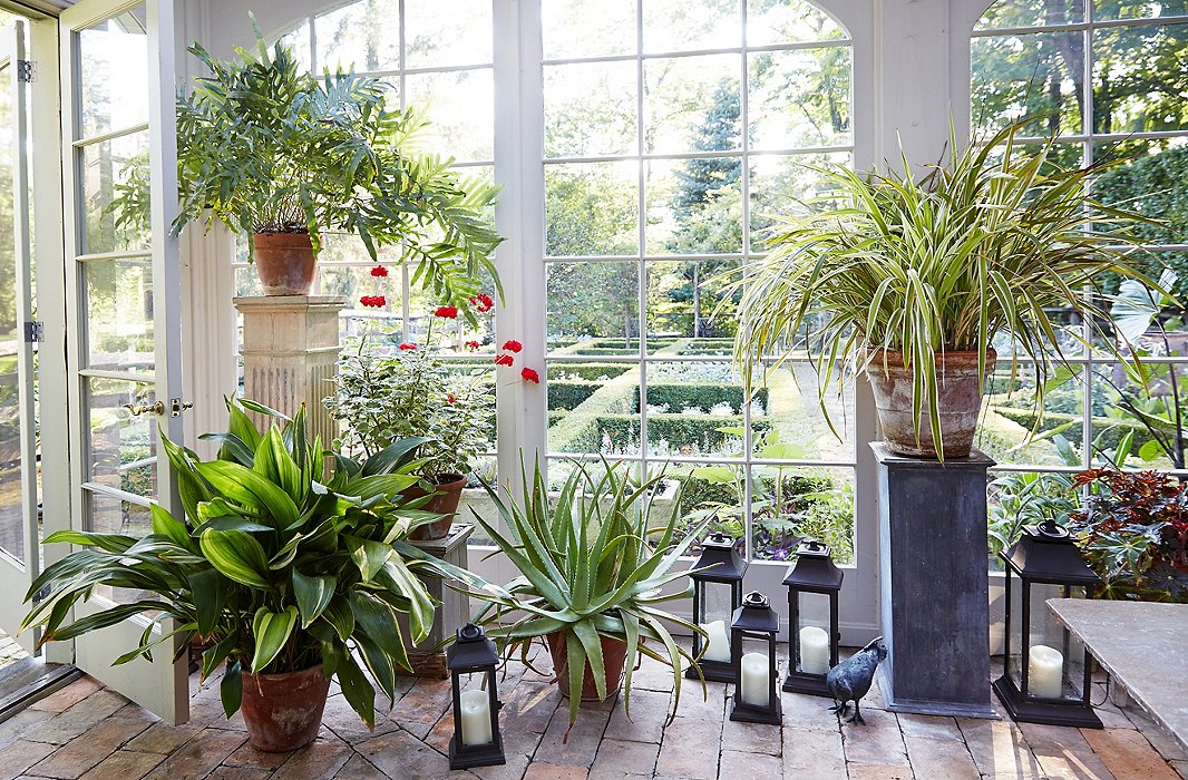 Pedestals in a mix of heights and materials elevate a plant display in a classic sunroom. Photo by Tony Vu.
