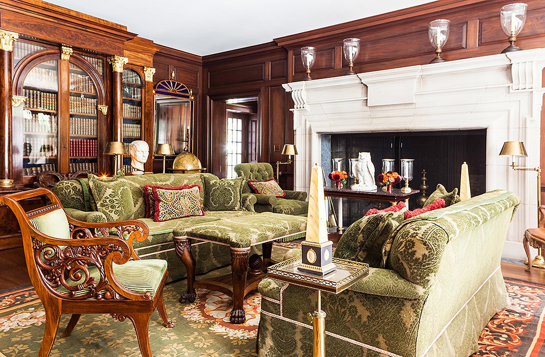 The Rubelli fabric on a pair of carved Russian chairs, which were in Carolyne’s former Paris apartment, inspired the green palette throughout this room, including the clipped-velvet damask on the sofas.
