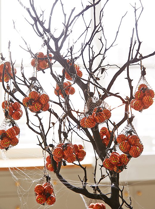 Small sacks of foil-wrapped chocolate pumpkins hang from the tree branches—perfectly as party favors as well as for trick-or-treaters.
