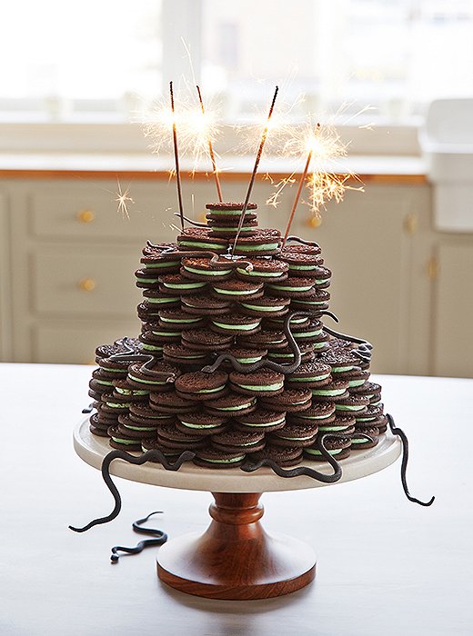 Our favorite of Dylan’s ideas? This Cool Mint Oreo-topped cake stand with slithering black gummy snakes. We’ll skip any cake for this.
