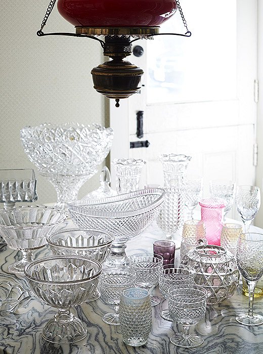 Jeffrey finds every opportunity to break out his collection of crystal and glass American stemware, which includes cut-crystal bowls and water goblets.
