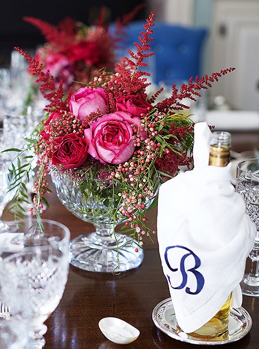 Rather than tall, substantial vases, Jeffrey opts for crystal bowls for his centerpieces, which add a light sparkle to hearty holiday dinners.
