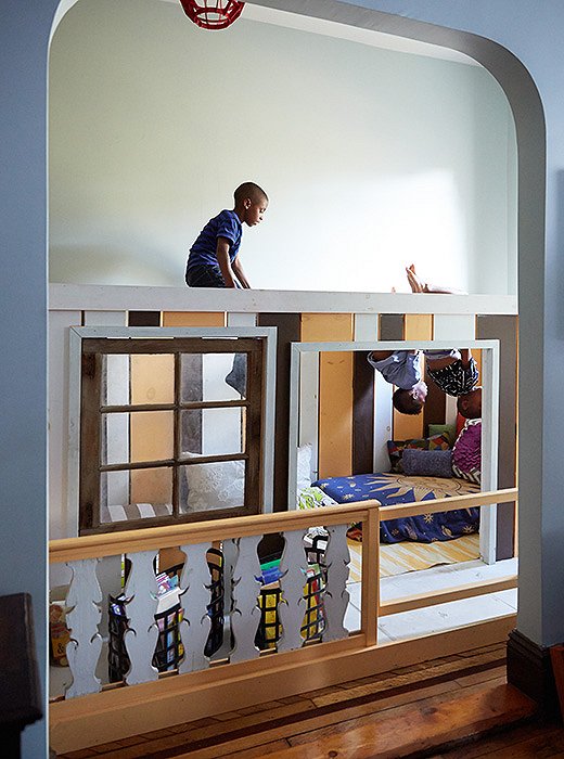 A treehouse that had been in the family’s SoHo loft was reconfigured as a play space in the kids’ bedroom.
