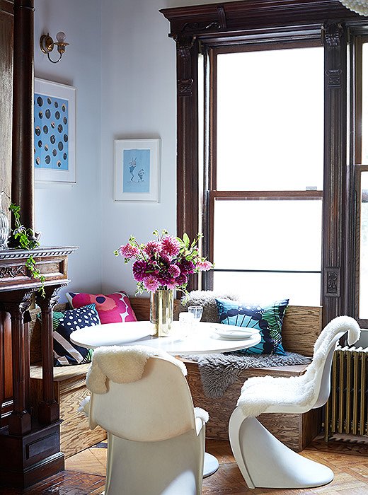 The peaceful breakfast nook is the closest thing to a formal dining space. Jodie and her husband often end up here for a glass of wine after the children have gone to bed.
