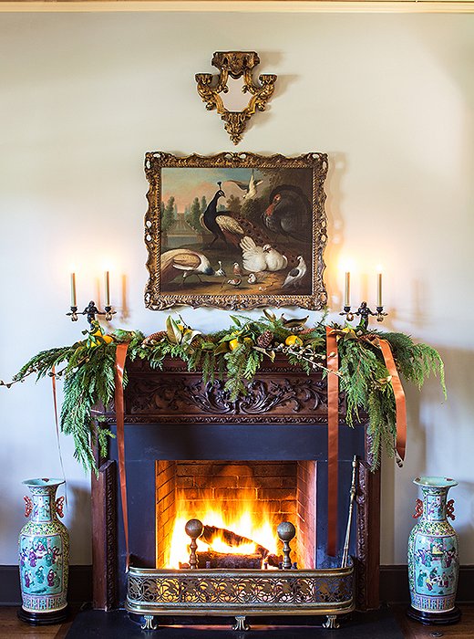 So much detail, yet such a small space! Rheinstein approached the mantel with an artist’s eye. Letting the ribbons fall freely added an element of seeming spontaneity to the carefully planned space.
