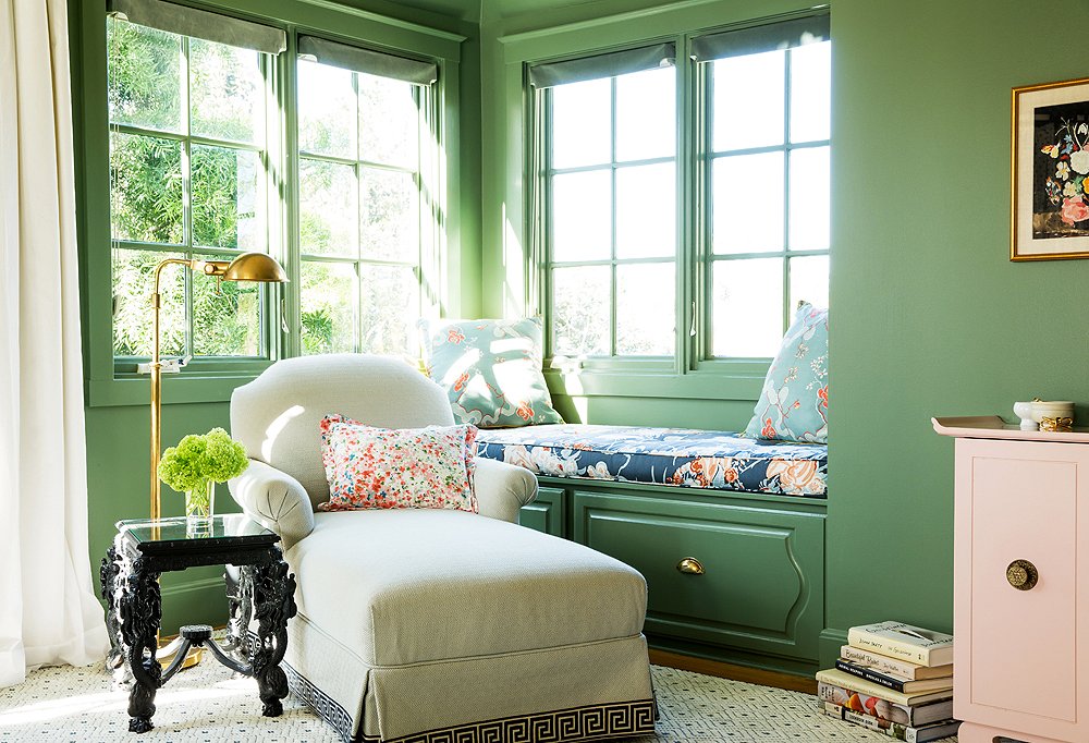 Chloe opted for multiple patterns in this beyond-bright corner, from the Greek key print on the chaise to the Bob Collins and Peacock Alley fabrics on the window seat and pillows.
