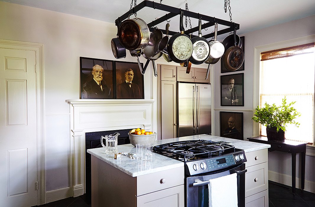 The kitchen is dignified by a series of sepia portraits—found by Frank in a trash bin at a junk store—of several generations of a well-known family from the nearby town of Hudson.
